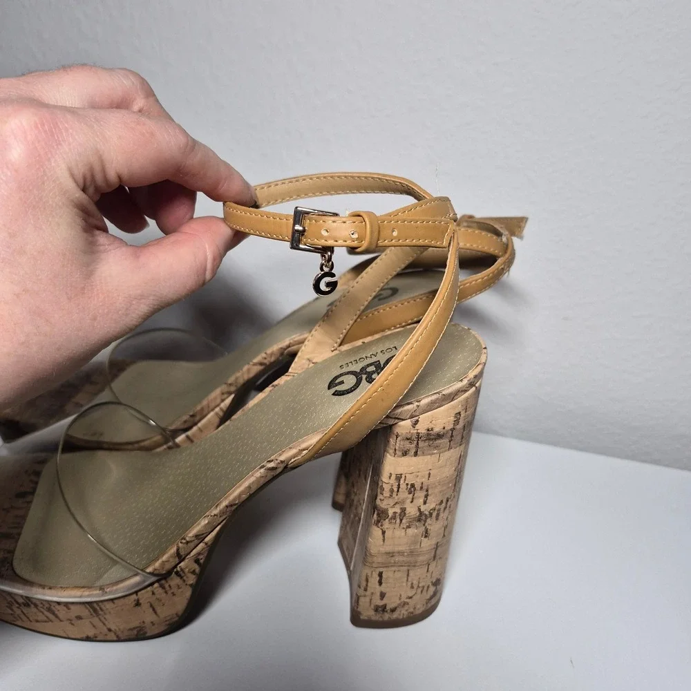 GBG Cork Platforms Acrylic Logo Ankle Strap 70s Vibes Vintage Aesthetic Bold 10M